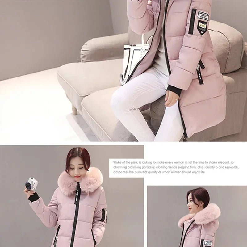 Women Winter Fur Collar Hooded Parka Fashion Letter Patch Zipper Pockets Design Long Jacket Elegant Slim Warm Thick Female Coats - MAGUSTA BEAUTY