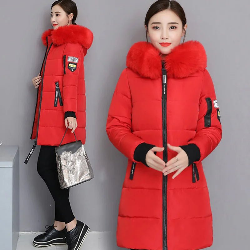 Women Winter Fur Collar Hooded Parka Fashion Letter Patch Zipper Pockets Design Long Jacket Elegant Slim Warm Thick Female Coats - MAGUSTA BEAUTY