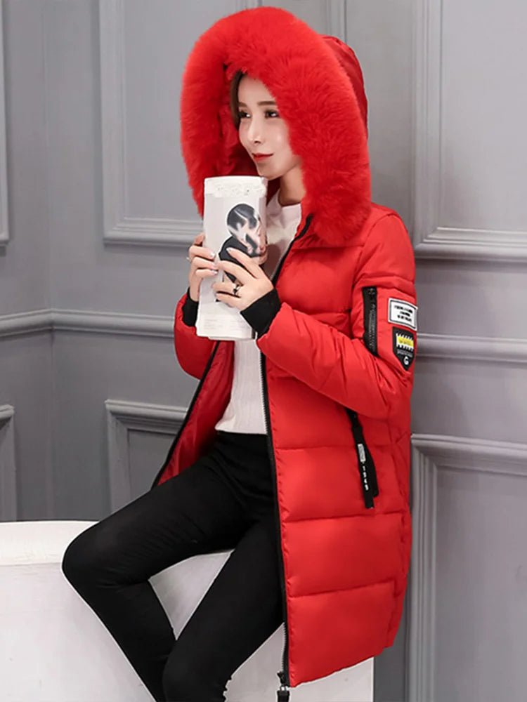 Women Winter Fur Collar Hooded Parka Fashion Letter Patch Zipper Pockets Design Long Jacket Elegant Slim Warm Thick Female Coats - MAGUSTA BEAUTY