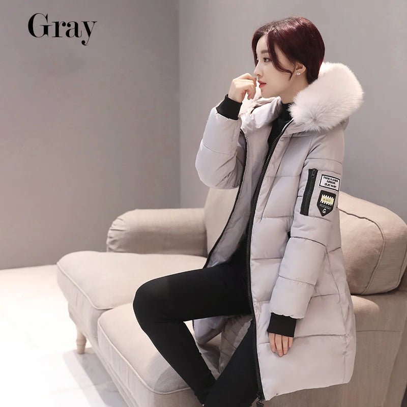 Women Winter Fur Collar Hooded Parka Fashion Letter Patch Zipper Pockets Design Long Jacket Elegant Slim Warm Thick Female Coats - MAGUSTA BEAUTY