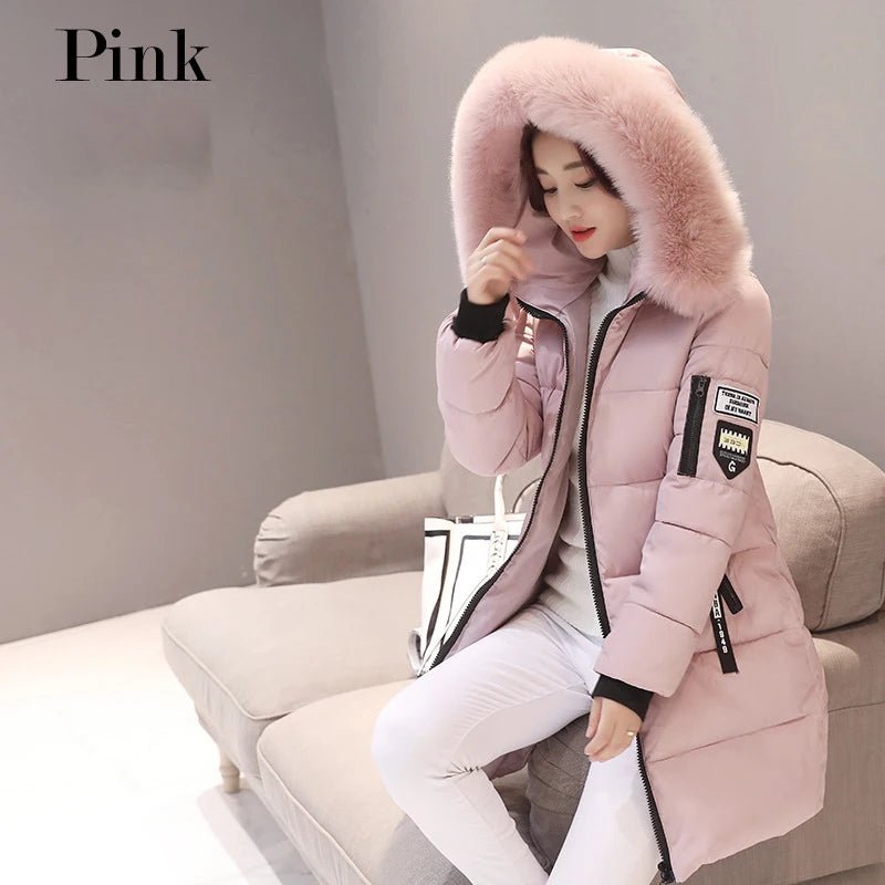 Women Winter Fur Collar Hooded Parka Fashion Letter Patch Zipper Pockets Design Long Jacket Elegant Slim Warm Thick Female Coats - MAGUSTA BEAUTY