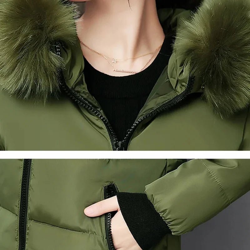 Women Winter Fur Collar Hooded Parka Fashion Letter Patch Zipper Pockets Design Long Jacket Elegant Slim Warm Thick Female Coats - MAGUSTA BEAUTY