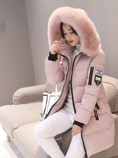 Women Winter Fur Collar Hooded Parka Fashion Letter Patch Zipper Pockets Design Long Jacket Elegant Slim Warm Thick Female Coats - MAGUSTA BEAUTY