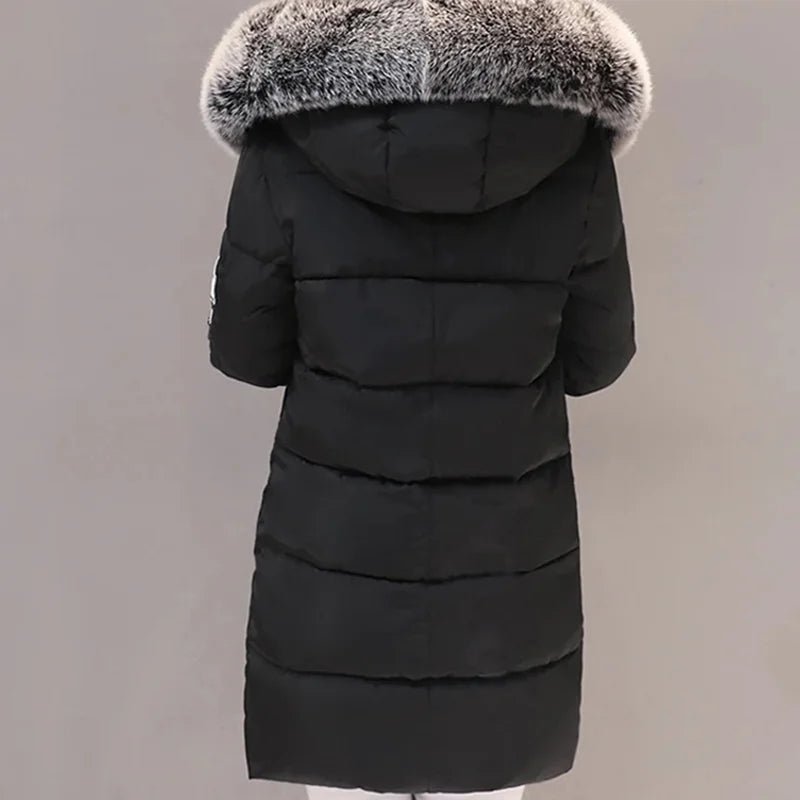 Women Winter Fur Collar Hooded Parka Fashion Letter Patch Zipper Pockets Design Long Jacket Elegant Slim Warm Thick Female Coats - MAGUSTA BEAUTY