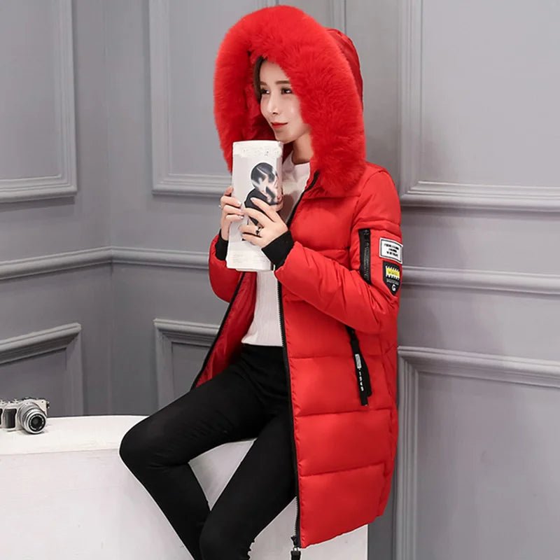 Women Winter Fur Collar Hooded Parka Fashion Letter Patch Zipper Pockets Design Long Jacket Elegant Slim Warm Thick Female Coats - MAGUSTA BEAUTY