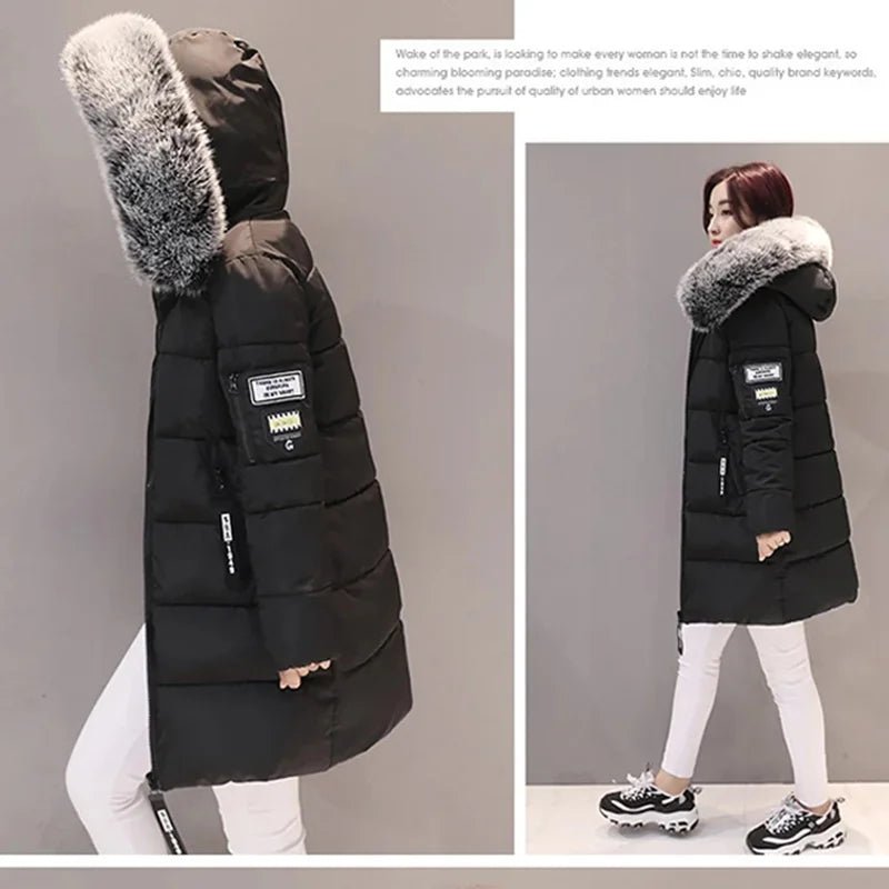 Women Winter Fur Collar Hooded Parka Fashion Letter Patch Zipper Pockets Design Long Jacket Elegant Slim Warm Thick Female Coats - MAGUSTA BEAUTY