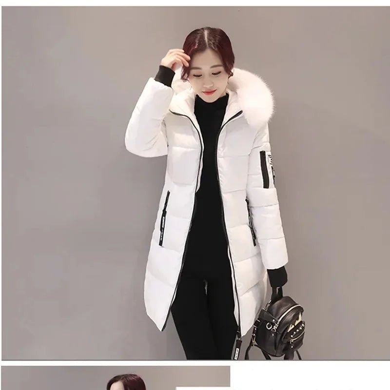 Women Winter Fur Collar Hooded Parka Fashion Letter Patch Zipper Pockets Design Long Jacket Elegant Slim Warm Thick Female Coats - MAGUSTA BEAUTY