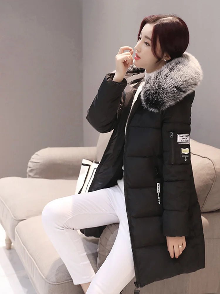 Women Winter Fur Collar Hooded Parka Fashion Letter Patch Zipper Pockets Design Long Jacket Elegant Slim Warm Thick Female Coats - MAGUSTA BEAUTY