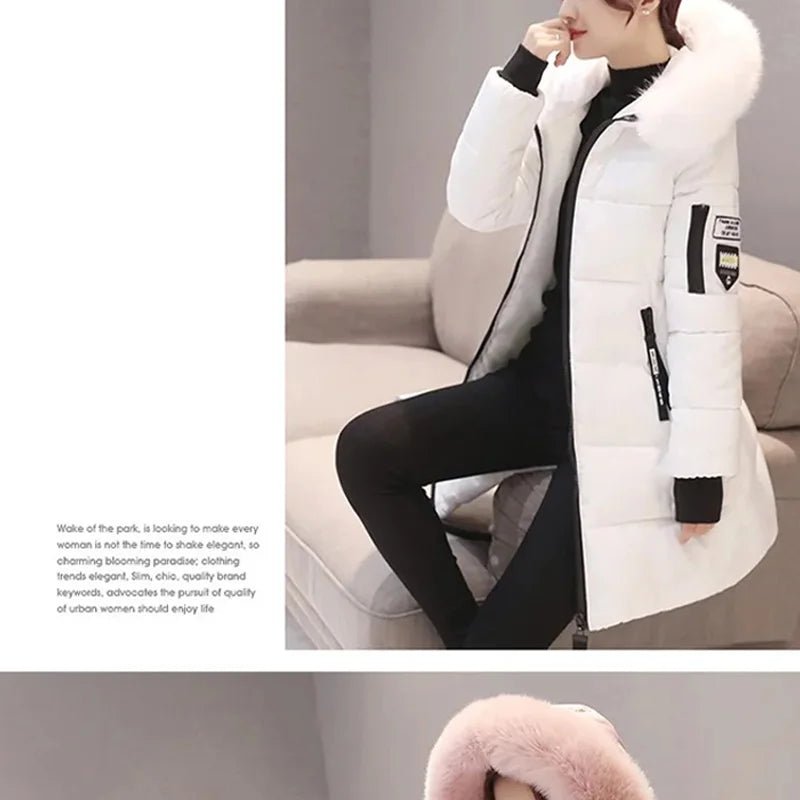 Women Winter Fur Collar Hooded Parka Fashion Letter Patch Zipper Pockets Design Long Jacket Elegant Slim Warm Thick Female Coats - MAGUSTA BEAUTY