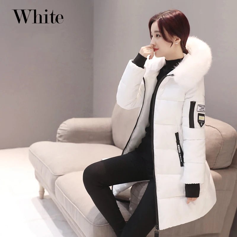 Women Winter Fur Collar Hooded Parka Fashion Letter Patch Zipper Pockets Design Long Jacket Elegant Slim Warm Thick Female Coats - MAGUSTA BEAUTY