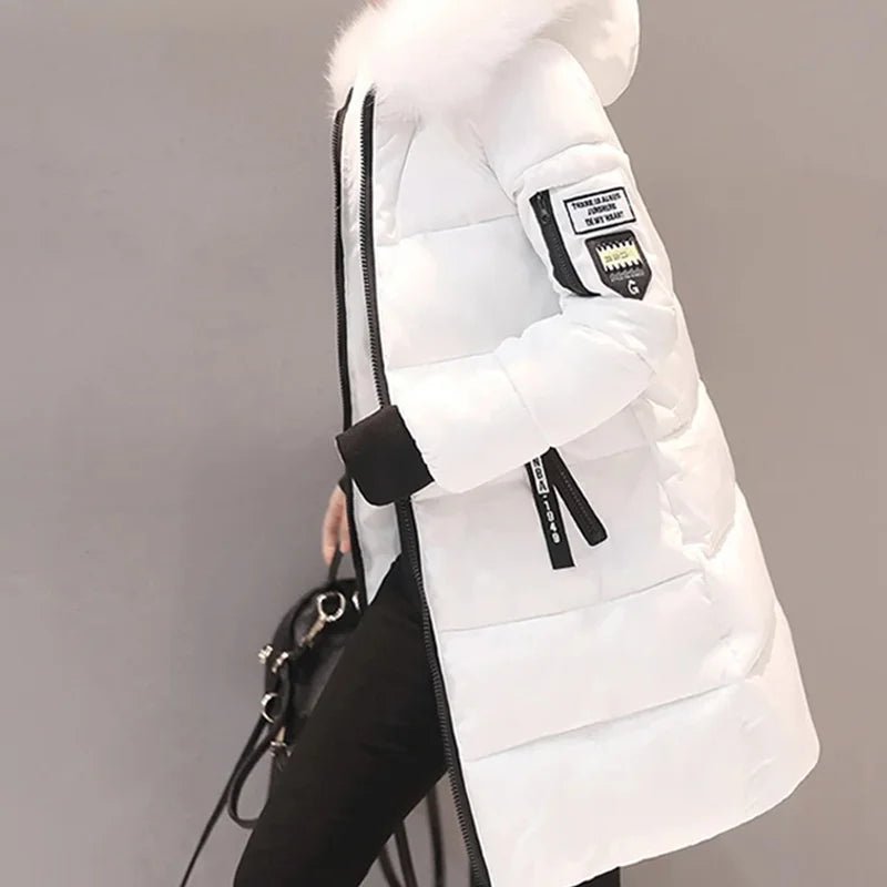 Women Winter Fur Collar Hooded Parka Fashion Letter Patch Zipper Pockets Design Long Jacket Elegant Slim Warm Thick Female Coats - MAGUSTA BEAUTY