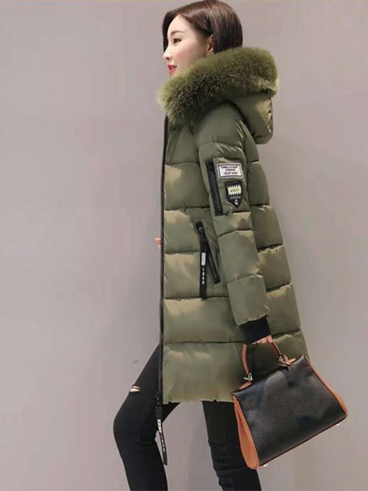 Women Winter Fur Collar Hooded Parka Fashion Letter Patch Zipper Pockets Design Long Jacket Elegant Slim Warm Thick Female Coats - MAGUSTA BEAUTY