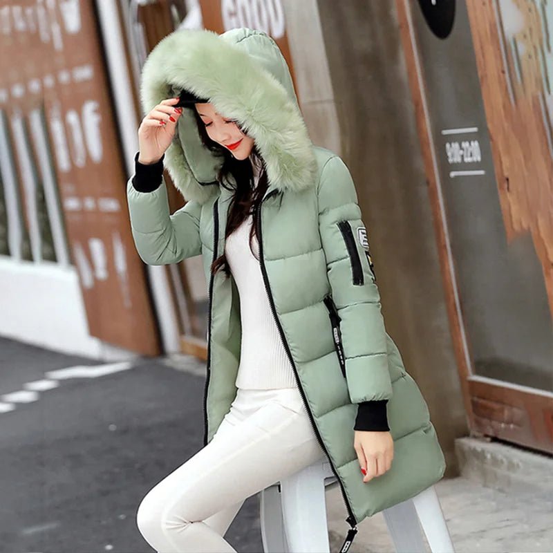 Women Winter Fur Collar Hooded Parka Fashion Letter Patch Zipper Pockets Design Long Jacket Elegant Slim Warm Thick Female Coats - MAGUSTA BEAUTY