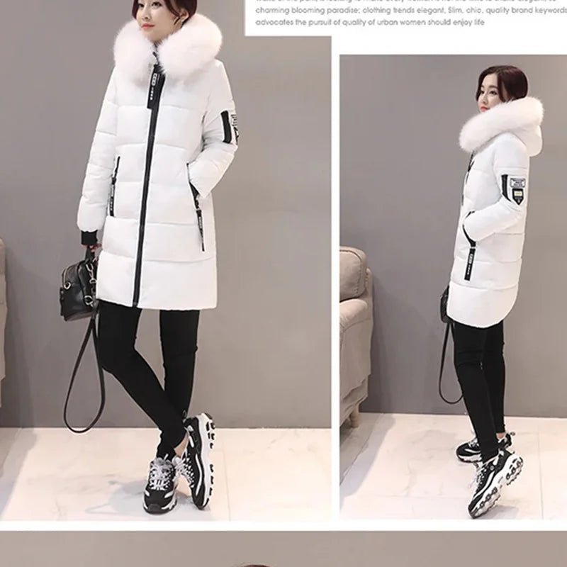 Women Winter Fur Collar Hooded Parka Fashion Letter Patch Zipper Pockets Design Long Jacket Elegant Slim Warm Thick Female Coats - MAGUSTA BEAUTY