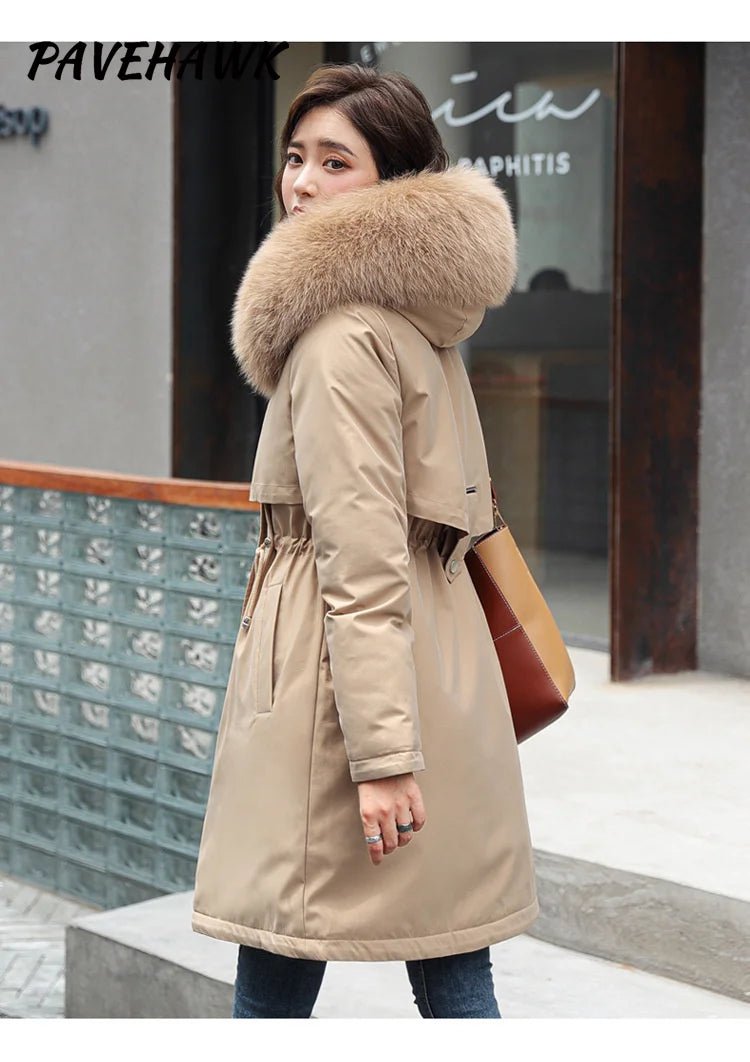 Women Winter Parka Warm Hooded Long Sleeve Zipper Thick Jackets Fur Collar Fleece Drawstring Long Coat Casual Streetwear Outwear - MAGUSTA BEAUTY
