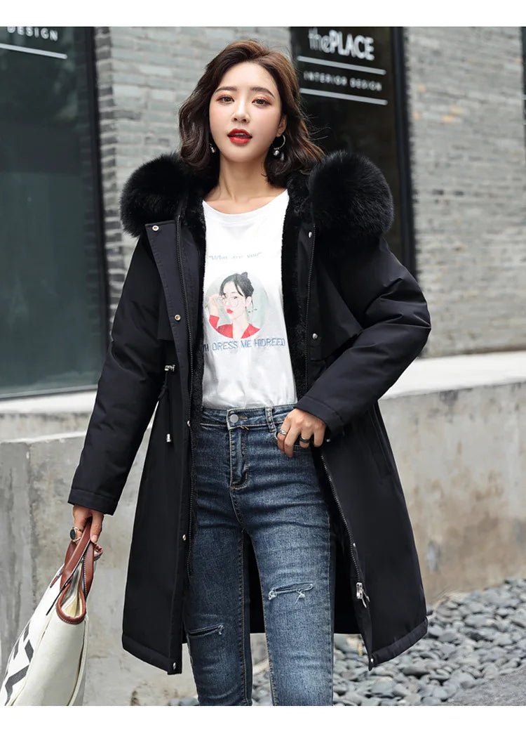 Women Winter Parka Warm Hooded Long Sleeve Zipper Thick Jackets Fur Collar Fleece Drawstring Long Coat Casual Streetwear Outwear - MAGUSTA BEAUTY