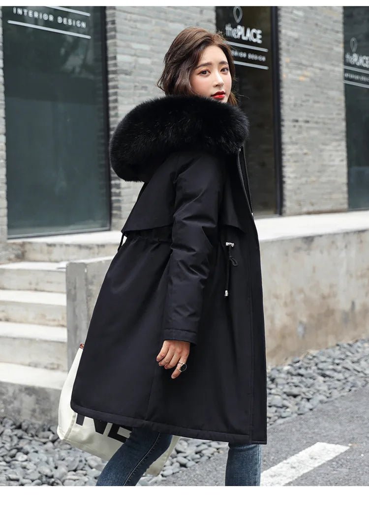Women Winter Parka Warm Hooded Long Sleeve Zipper Thick Jackets Fur Collar Fleece Drawstring Long Coat Casual Streetwear Outwear - MAGUSTA BEAUTY
