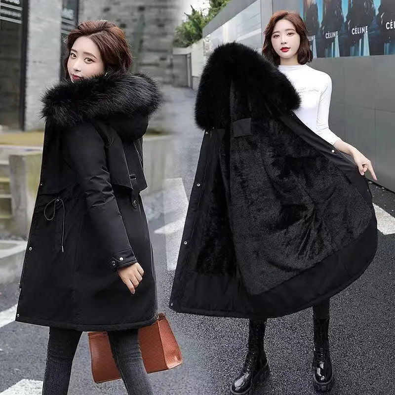 Women Winter Parka Warm Hooded Long Sleeve Zipper Thick Jackets Fur Collar Fleece Drawstring Long Coat Casual Streetwear Outwear - MAGUSTA BEAUTY