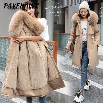 Women Winter Parka Warm Hooded Long Sleeve Zipper Thick Jackets Fur Collar Fleece Drawstring Long Coat Casual Streetwear Outwear - MAGUSTA BEAUTY