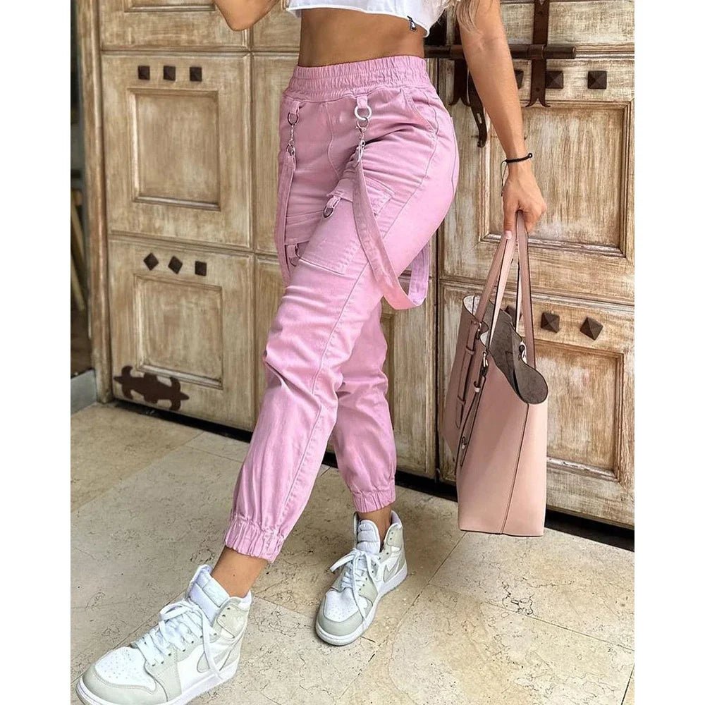 Women's Cargo Pants Casual Trousers 2026 Spring Autumn Solid Color Trend Street Pocket Design Cuff Suspenders Streetwear Women - MAGUSTA BEAUTY