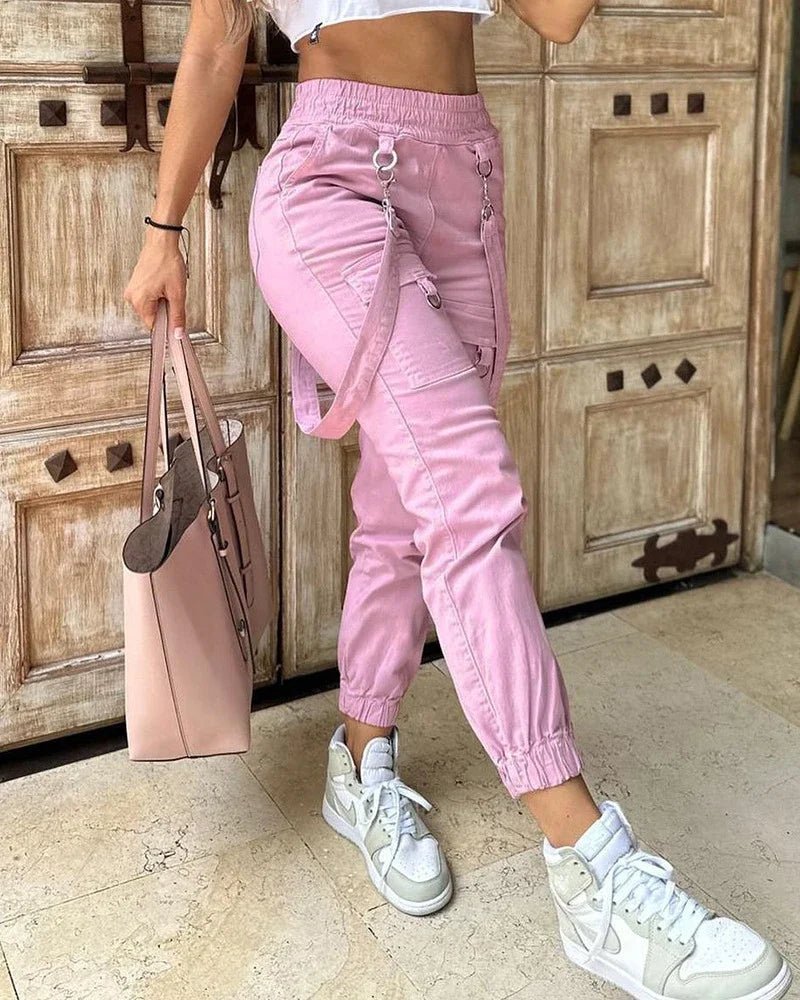 Women's Cargo Pants Casual Trousers 2026 Spring Autumn Solid Color Trend Street Pocket Design Cuff Suspenders Streetwear Women - MAGUSTA BEAUTY