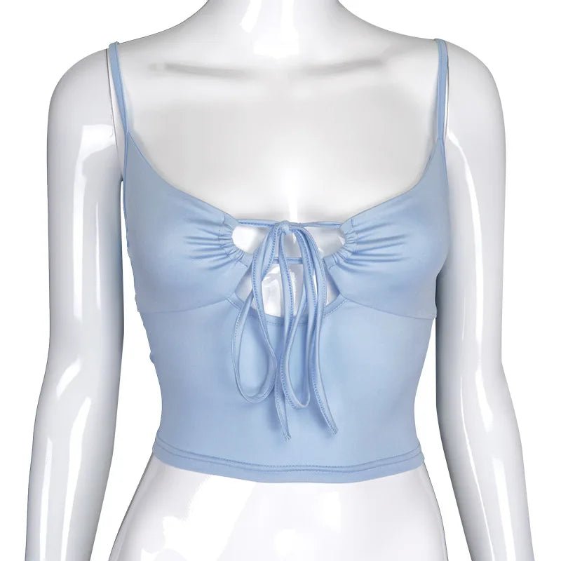 Women’s Fashion Solid Color Camisole Summer Sexy Pleated Hollow Bandage Exposed Navel Top Y2k Crop Top - MAGUSTA BEAUTY