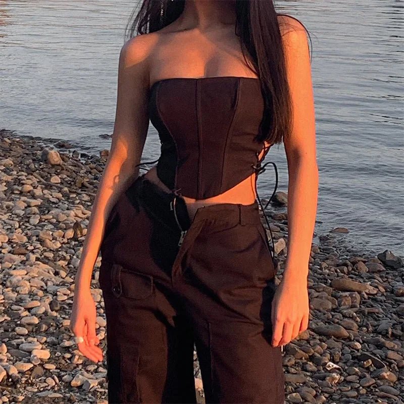 Women's Off Shoulder Strapless Lace Up Bustier Corset, Crop Tops, Black Sleeveless Vest, Cropped Feminino - MAGUSTA BEAUTY