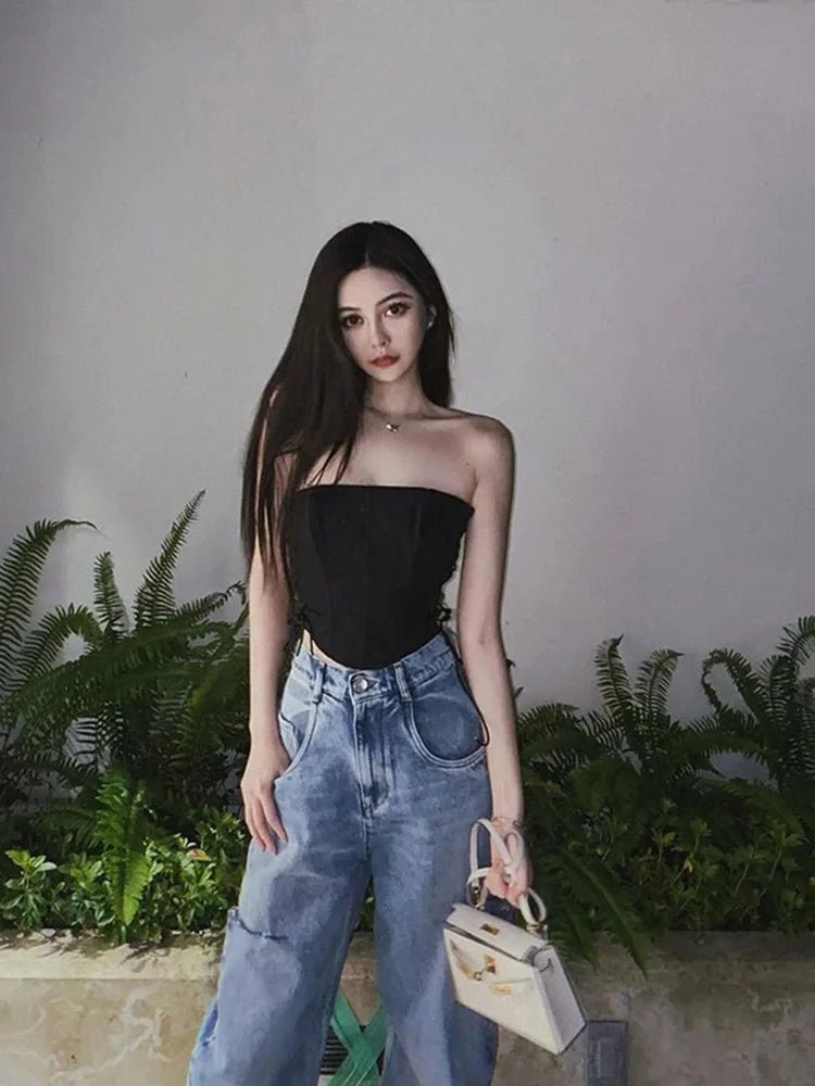 Women's Off Shoulder Strapless Lace Up Bustier Corset, Crop Tops, Black Sleeveless Vest, Cropped Feminino - MAGUSTA BEAUTY