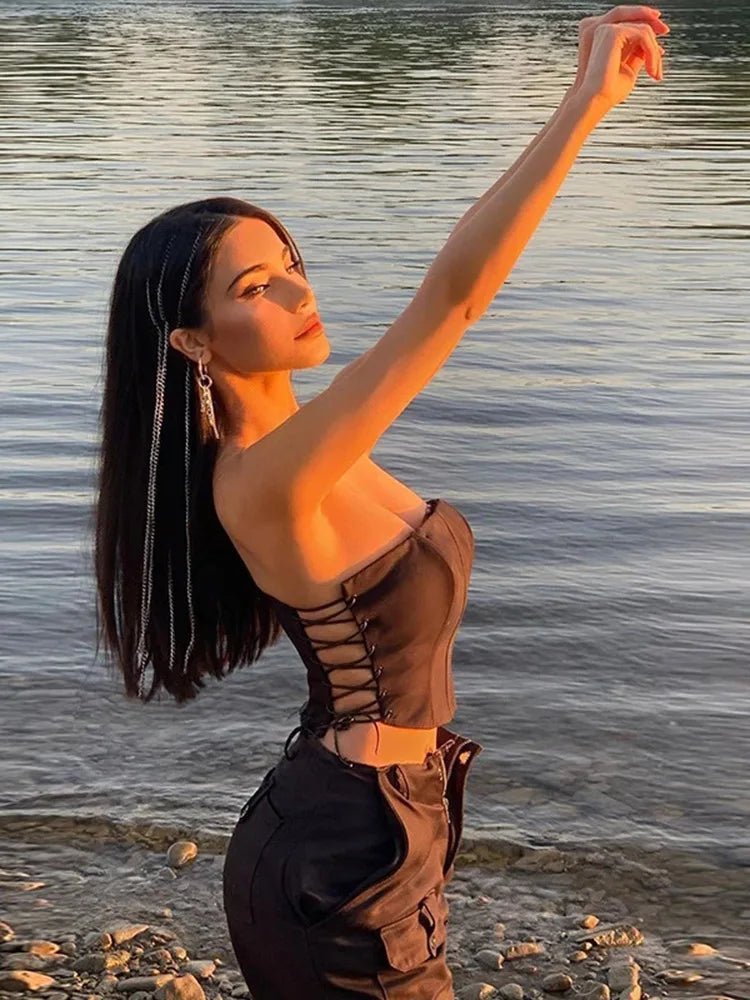 Women's Off Shoulder Strapless Lace Up Bustier Corset, Crop Tops, Black Sleeveless Vest, Cropped Feminino - MAGUSTA BEAUTY
