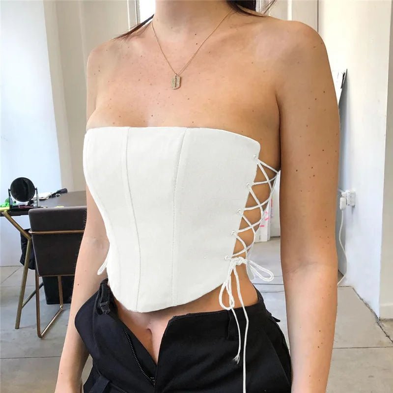 Women's Off Shoulder Strapless Lace Up Bustier Corset, Crop Tops, Black Sleeveless Vest, Cropped Feminino - MAGUSTA BEAUTY