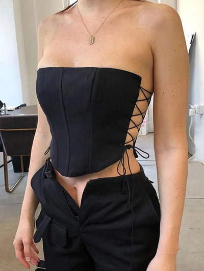 Women's Off Shoulder Strapless Lace Up Bustier Corset, Crop Tops, Black Sleeveless Vest, Cropped Feminino - MAGUSTA BEAUTY