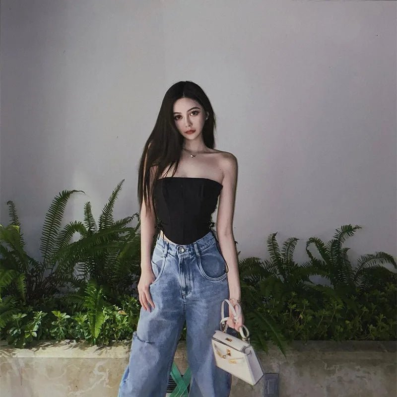 Women's Off Shoulder Strapless Lace Up Bustier Corset, Crop Tops, Black Sleeveless Vest, Cropped Feminino - MAGUSTA BEAUTY