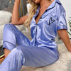 Women's Pajama Pocket Heart Embroidered Pajama Set Satin Comfortable Short Sleeve Button Pajama Lounge Pant For Women Sleepwear - MAGUSTA BEAUTY
