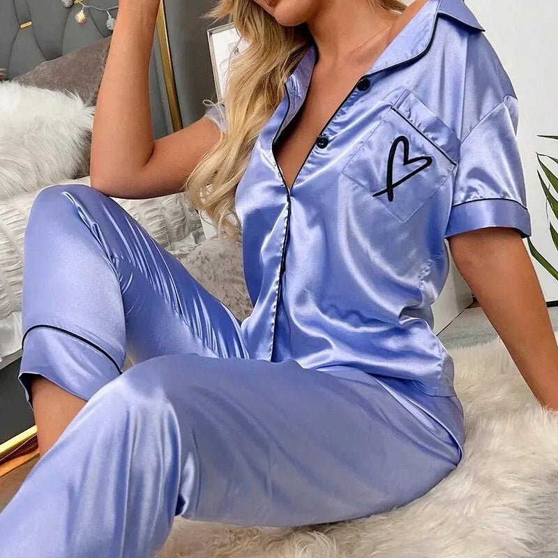 Women's Pajama Pocket Heart Embroidered Pajama Set Satin Comfortable Short Sleeve Button Pajama Lounge Pant For Women Sleepwear - MAGUSTA BEAUTY