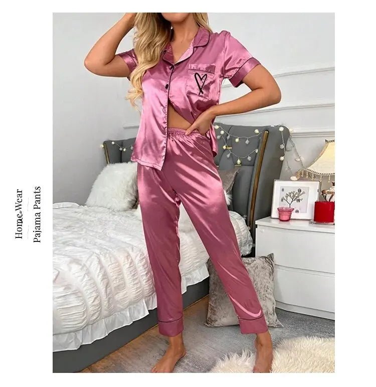 Women's Pajama Pocket Heart Embroidered Pajama Set Satin Comfortable Short Sleeve Button Pajama Lounge Pant For Women Sleepwear - MAGUSTA BEAUTY