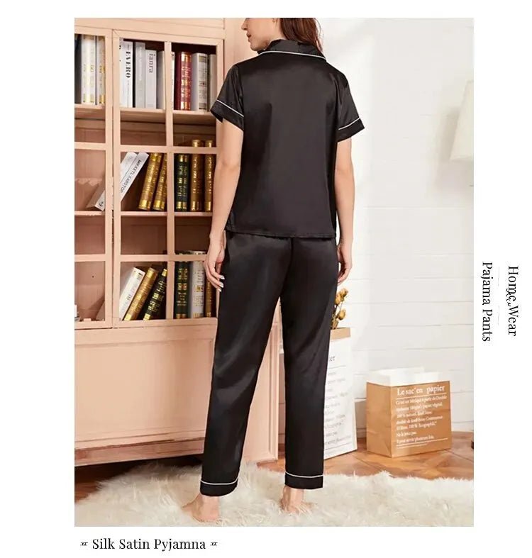 Women's Pajama Pocket Heart Embroidered Pajama Set Satin Comfortable Short Sleeve Button Pajama Lounge Pant For Women Sleepwear - MAGUSTA BEAUTY