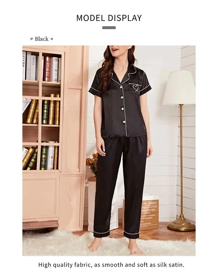 Women's Pajama Pocket Heart Embroidered Pajama Set Satin Comfortable Short Sleeve Button Pajama Lounge Pant For Women Sleepwear - MAGUSTA BEAUTY