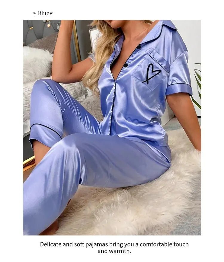 Women's Pajama Pocket Heart Embroidered Pajama Set Satin Comfortable Short Sleeve Button Pajama Lounge Pant For Women Sleepwear - MAGUSTA BEAUTY