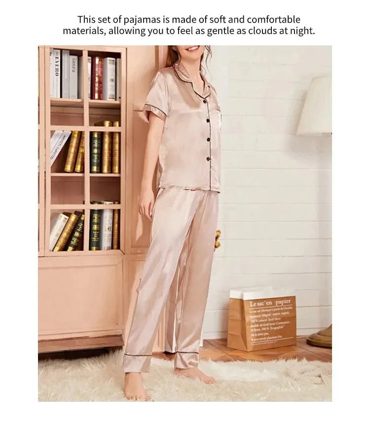 Women's Pajama Pocket Heart Embroidered Pajama Set Satin Comfortable Short Sleeve Button Pajama Lounge Pant For Women Sleepwear - MAGUSTA BEAUTY