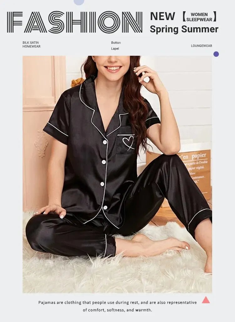 Women's Pajama Pocket Heart Embroidered Pajama Set Satin Comfortable Short Sleeve Button Pajama Lounge Pant For Women Sleepwear - MAGUSTA BEAUTY