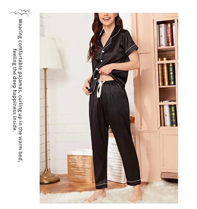 Women's Pajama Pocket Heart Embroidered Pajama Set Satin Comfortable Short Sleeve Button Pajama Lounge Pant For Women Sleepwear - MAGUSTA BEAUTY