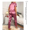 Women's Pajama Pocket Heart Embroidered Pajama Set Satin Comfortable Short Sleeve Button Pajama Lounge Pant For Women Sleepwear - MAGUSTA BEAUTY