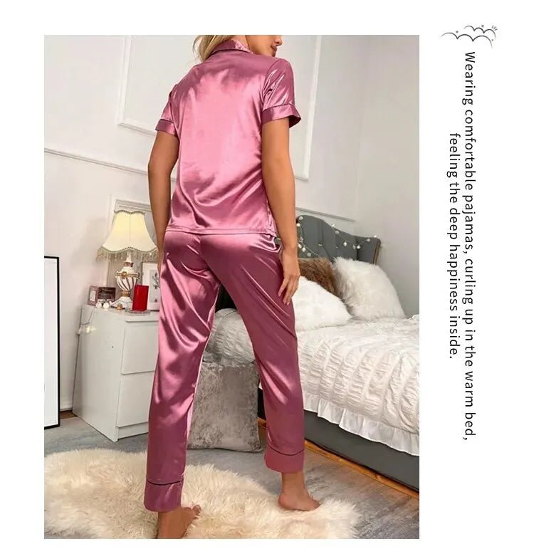 Women's Pajama Pocket Heart Embroidered Pajama Set Satin Comfortable Short Sleeve Button Pajama Lounge Pant For Women Sleepwear - MAGUSTA BEAUTY