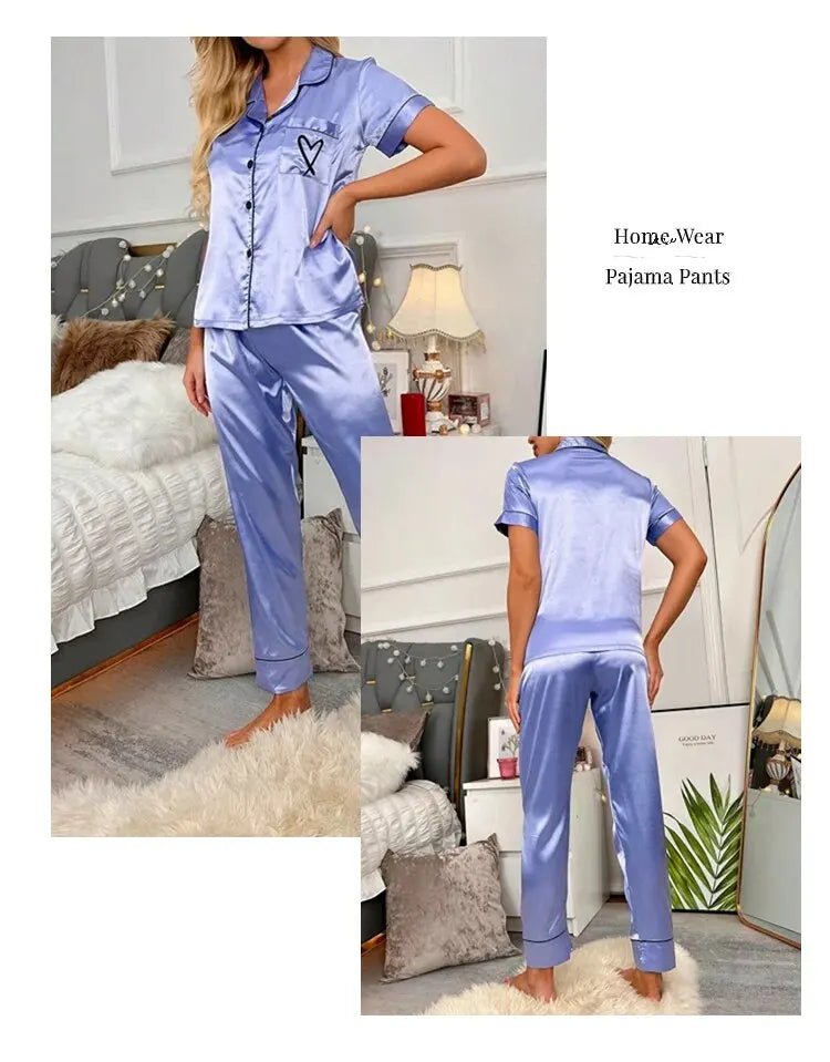 Women's Pajama Pocket Heart Embroidered Pajama Set Satin Comfortable Short Sleeve Button Pajama Lounge Pant For Women Sleepwear - MAGUSTA BEAUTY