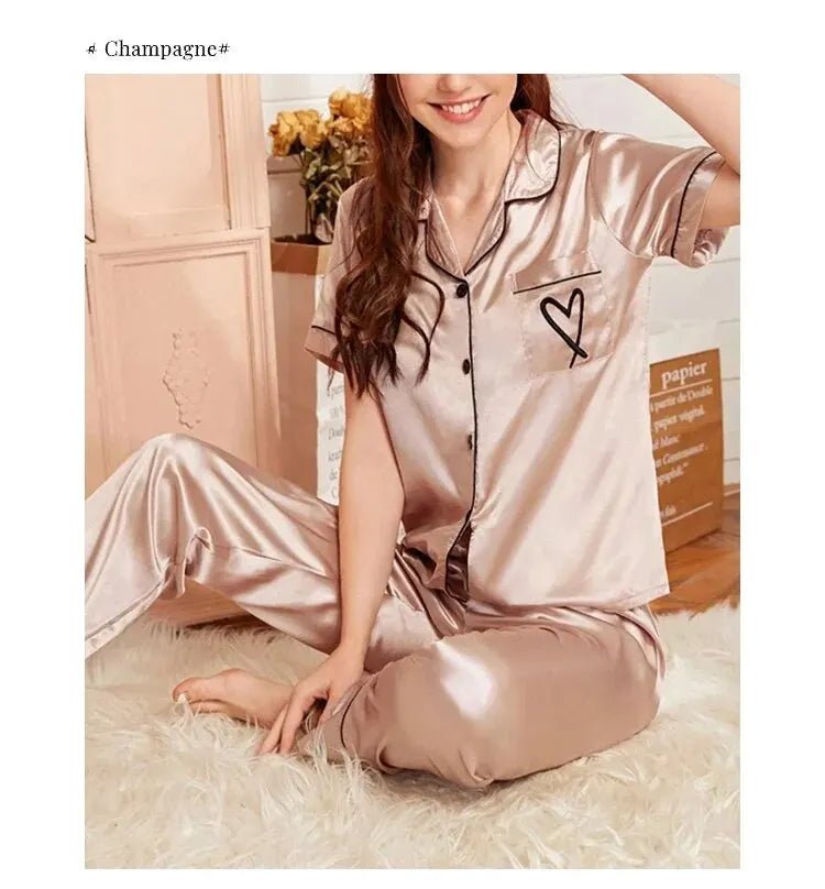 Women's Pajama Pocket Heart Embroidered Pajama Set Satin Comfortable Short Sleeve Button Pajama Lounge Pant For Women Sleepwear - MAGUSTA BEAUTY
