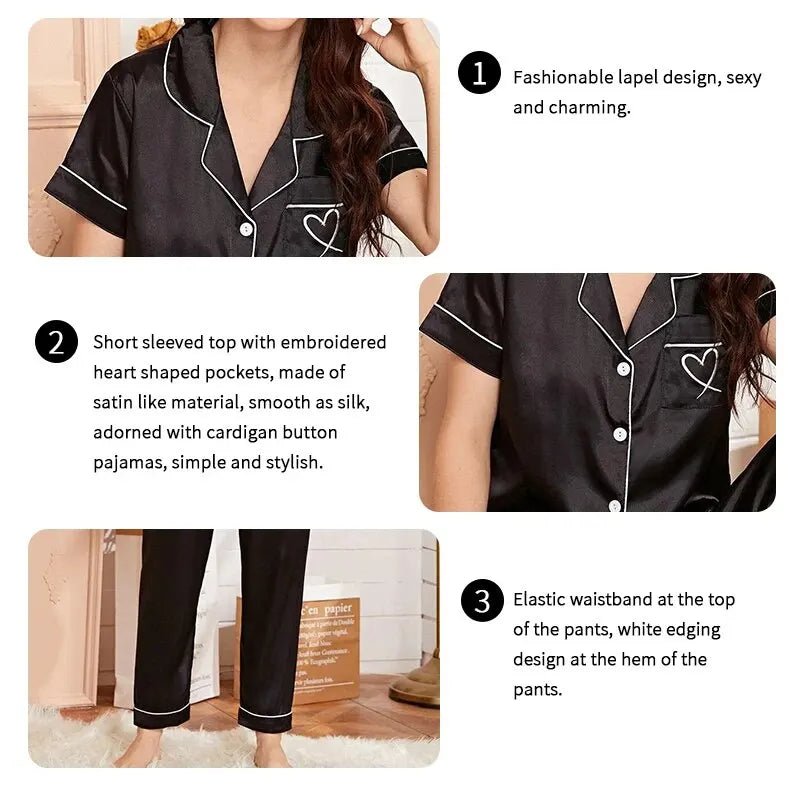 Women's Pajama Pocket Heart Embroidered Pajama Set Satin Comfortable Short Sleeve Button Pajama Lounge Pant For Women Sleepwear - MAGUSTA BEAUTY