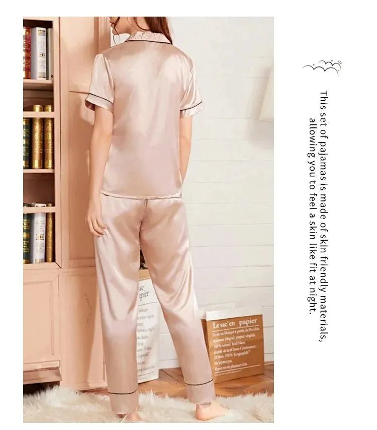 Women's Pajama Pocket Heart Embroidered Pajama Set Satin Comfortable Short Sleeve Button Pajama Lounge Pant For Women Sleepwear - MAGUSTA BEAUTY