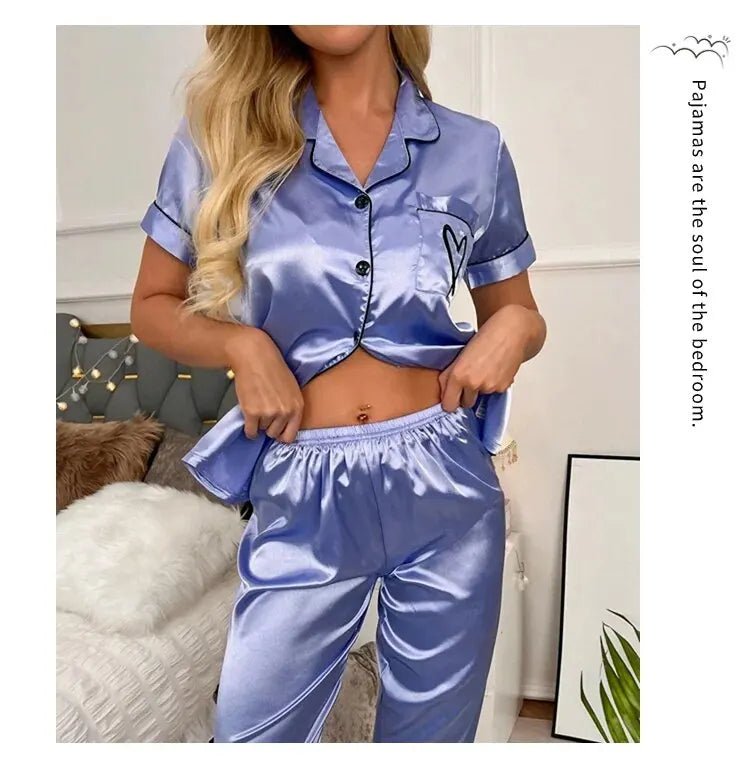 Women's Pajama Pocket Heart Embroidered Pajama Set Satin Comfortable Short Sleeve Button Pajama Lounge Pant For Women Sleepwear - MAGUSTA BEAUTY
