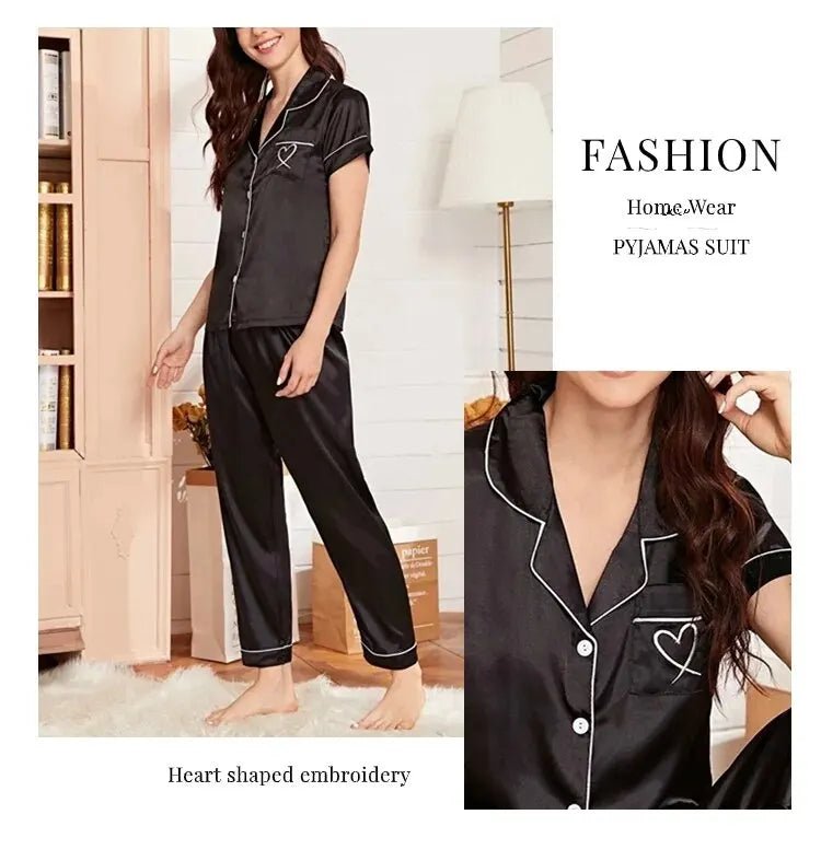 Women's Pajama Pocket Heart Embroidered Pajama Set Satin Comfortable Short Sleeve Button Pajama Lounge Pant For Women Sleepwear - MAGUSTA BEAUTY
