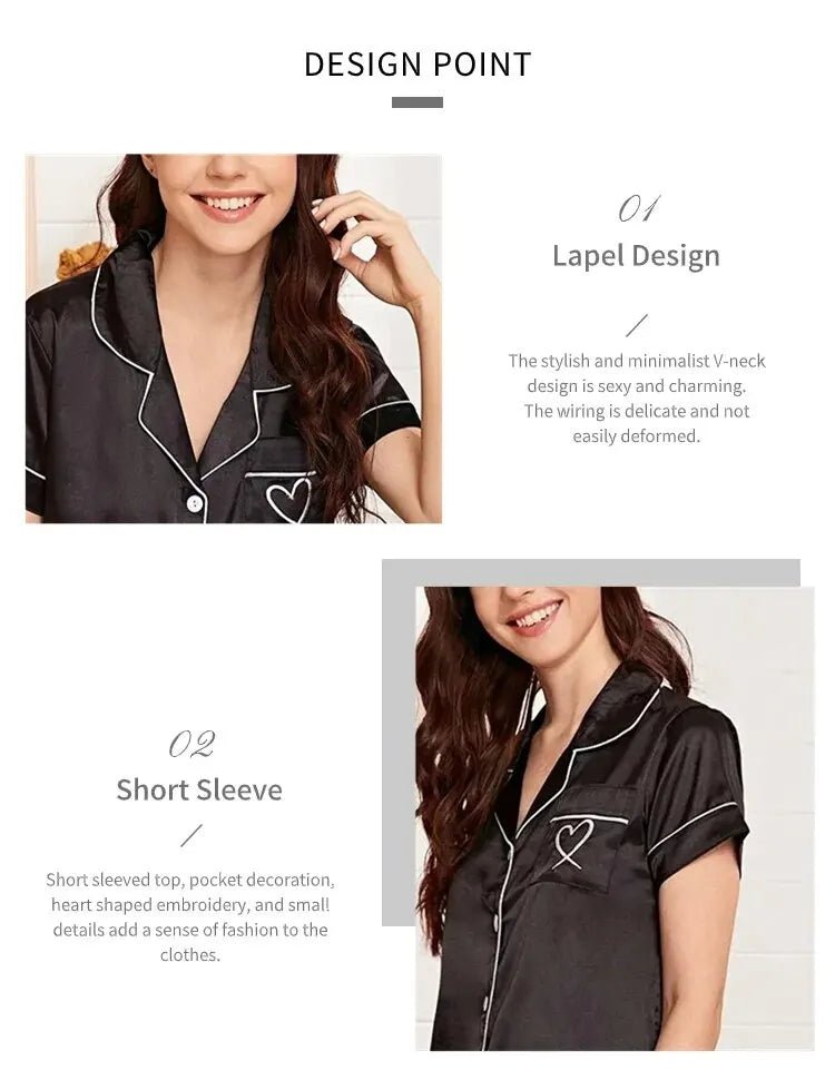 Women's Pajama Pocket Heart Embroidered Pajama Set Satin Comfortable Short Sleeve Button Pajama Lounge Pant For Women Sleepwear - MAGUSTA BEAUTY